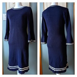 Eliza J Sweater Dress Flare Sleeve Navy with White Stripe Trim Sz M